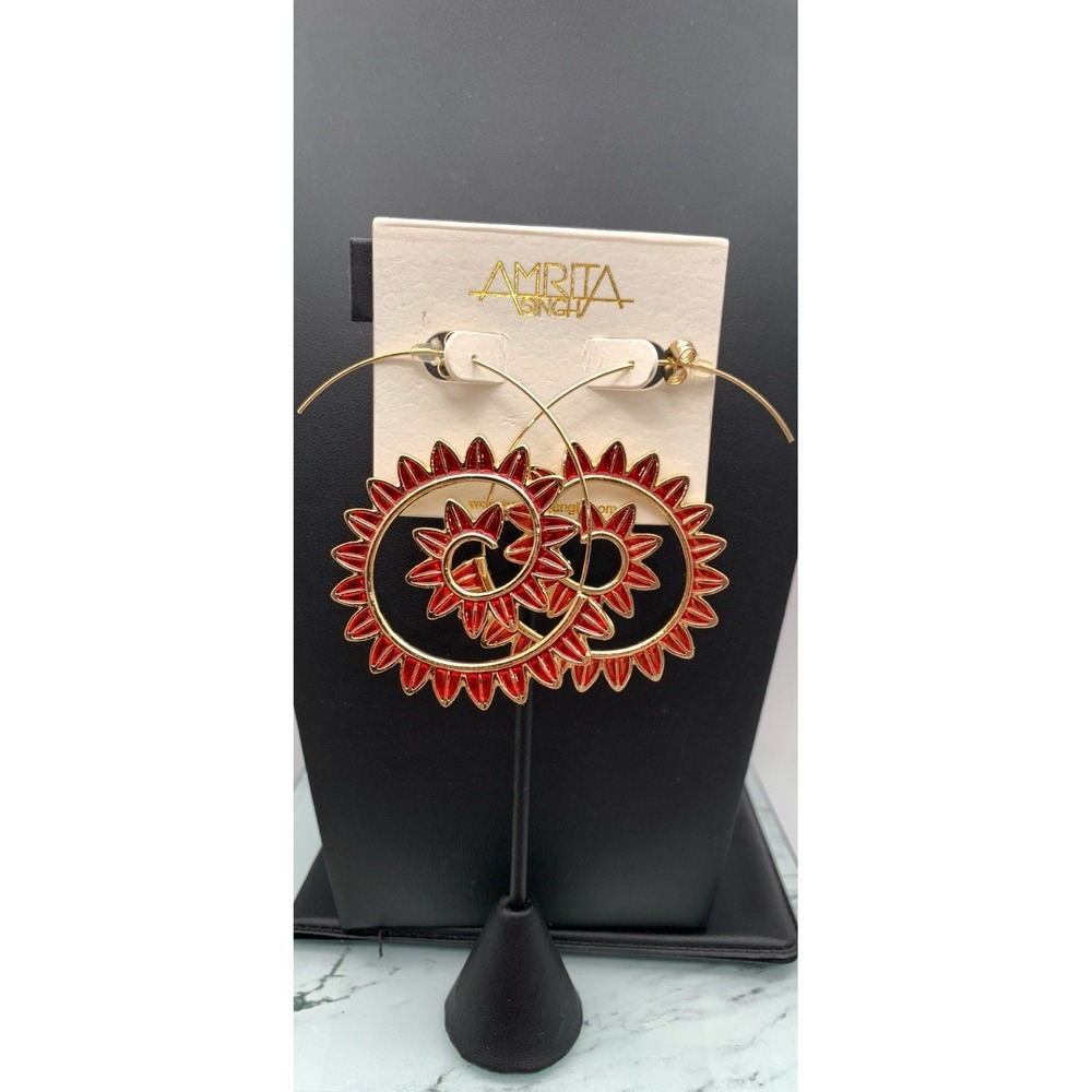 Amrita Singh Gold Tone & Red Enamel Glamour Swirl Ear‎ Threader Earrings NWT